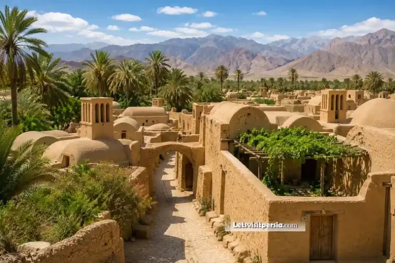 Panoramic view of Esfahak Village with palm trees and surrounding mountains