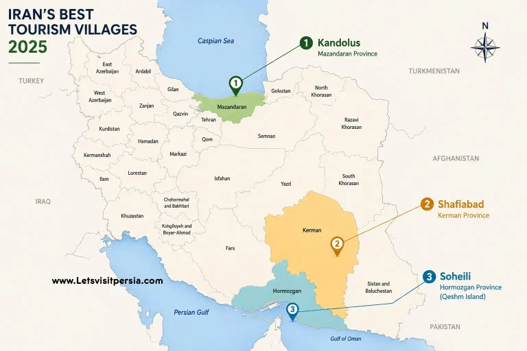 Map of Iran showing the locations of Kandolus, Shafiabad, and Soheili, recognized among the Best Tourism Villages 2025 by UN Tourism.